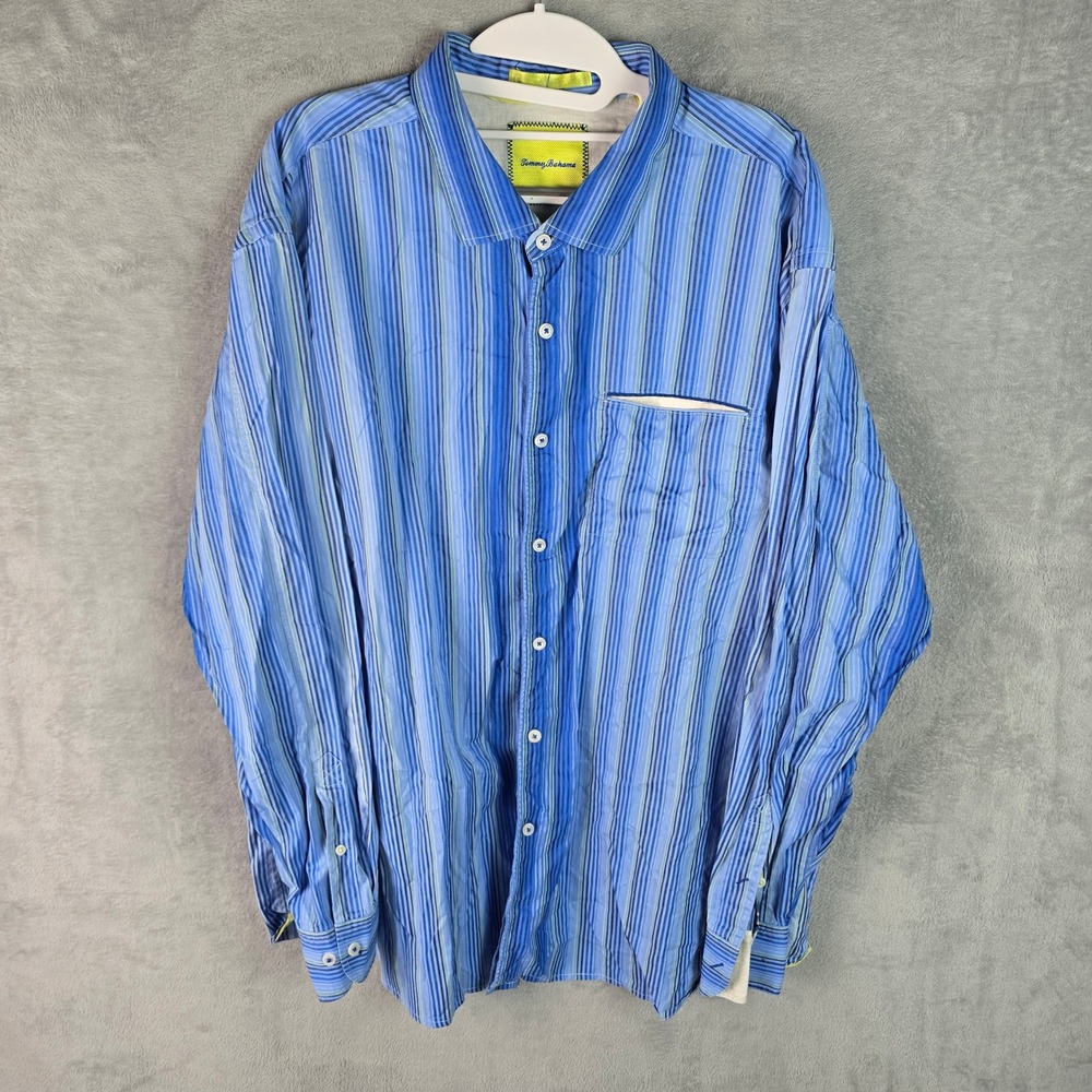 Tommy Bahama Island Modern Fit Blue Striped Cotton Button Down Shirt Mens XXL